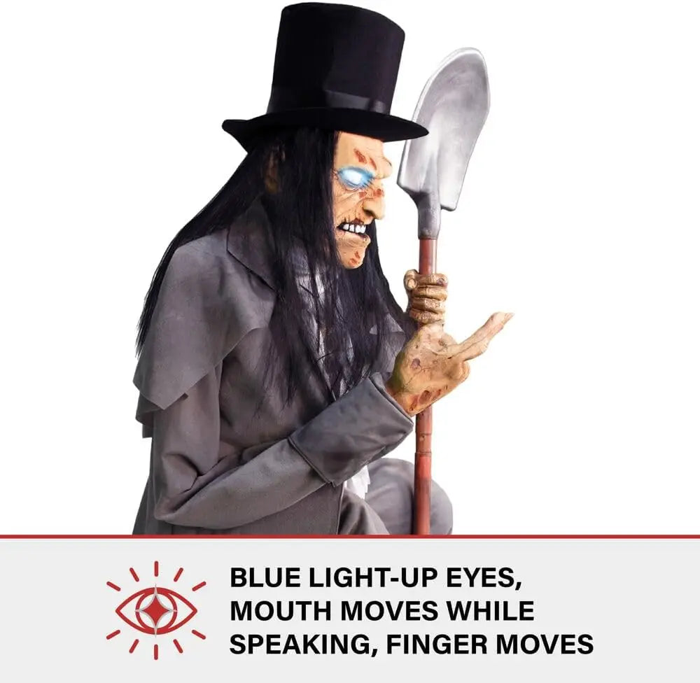 Activated Crouching Grave Digger , Talking Halloween Animatronic for Indoor or Covered Outdoor