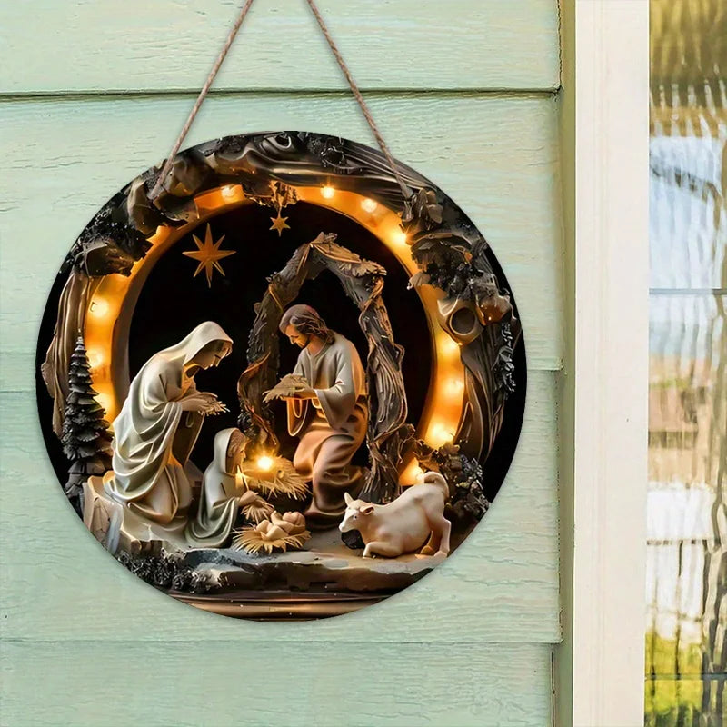 Nativity Scene Wooden Sign 2D Relief Effect of Jesus Round Christmas Ornament for Church Front Door Wall Hanging Decor Ideal