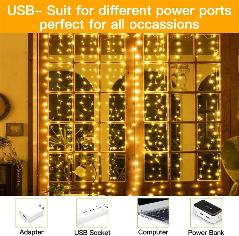 3/6M LED Curtain Garland Fairy String Lights Christmas Holiday Party Wedding Decoration USB Remote 8 Modes Waterfall Lighting