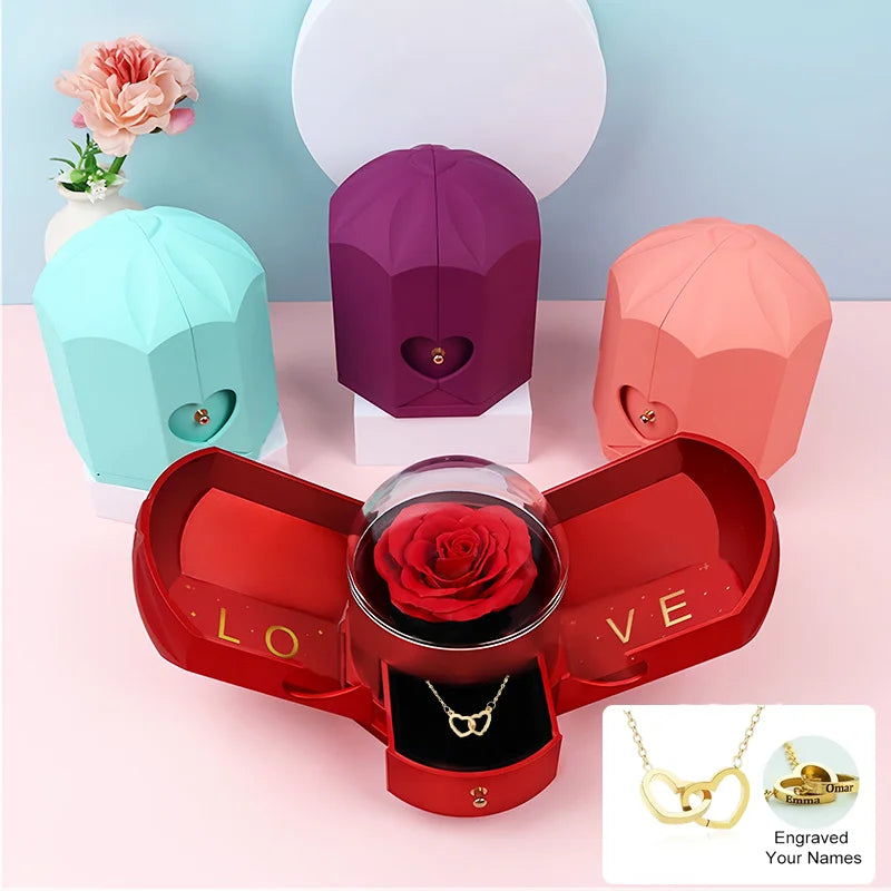 Custom Name Necklace With Double Castle Eternal Rose Jewelry Box For Girlfriend Mother's Day Valentine's Day Christmas Gifts