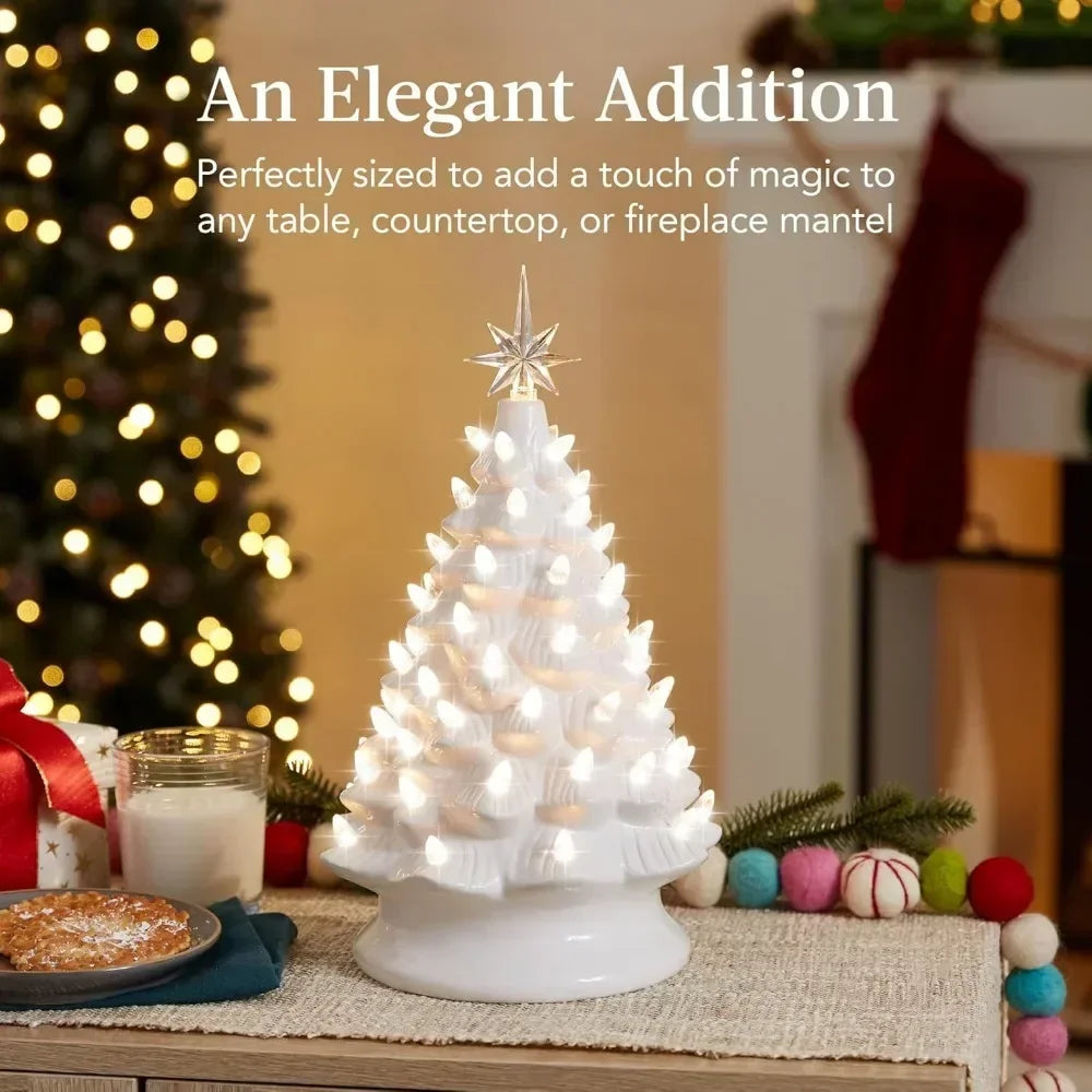 Christmas Tree 15in Ceramic  Pre-lit Hand-Painted Tabletop Holiday Tree, 2 Star Toppers, 64 Lights - Flocked Christmas Trees