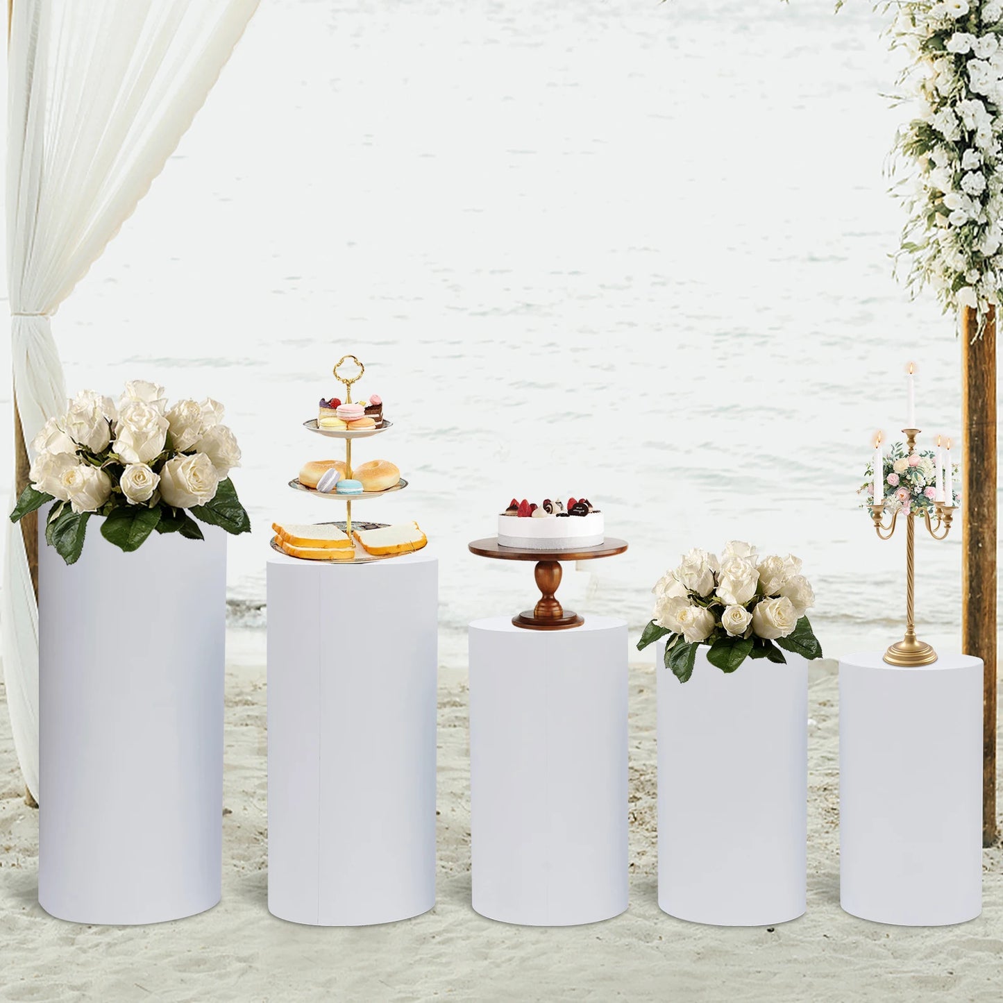 5Pcs Cylinder Metal Pedestal Stand White Cake Plinths Backdrop Flower Column Dessert Table for Party Wedding  Birthday Decor