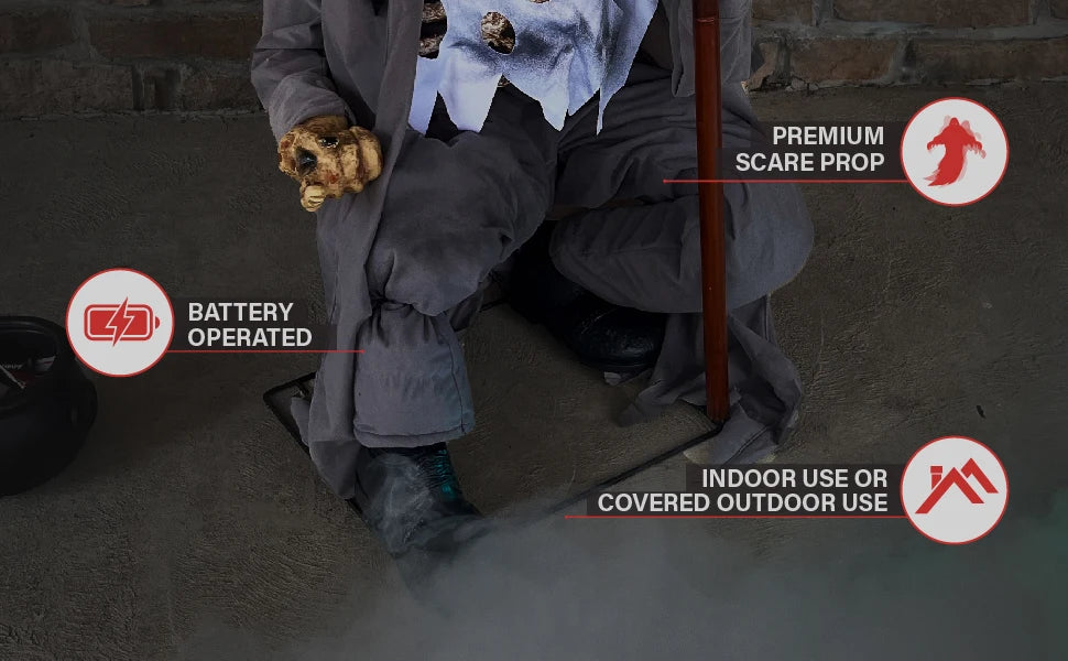 Activated Crouching Grave Digger , Talking Halloween Animatronic for Indoor or Covered Outdoor