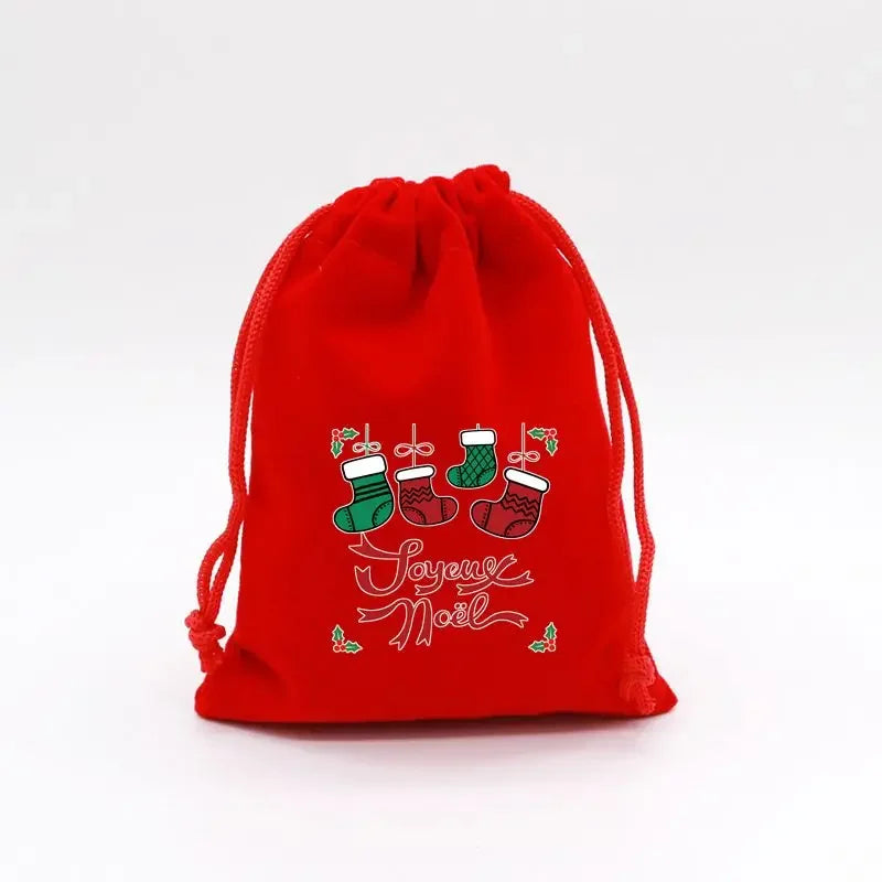 1pc Drawstring Christmas Velvet Bags Red Gift Packaging Bag Candy Biscuit Pouch Merry Xmas Bracelet Jewelry DIY Storage Supplies
