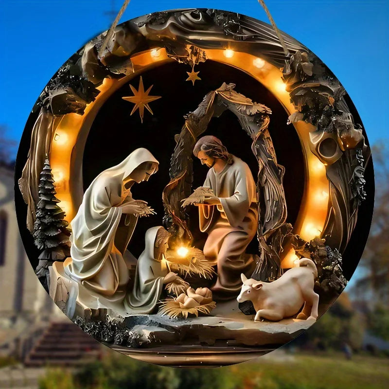 Nativity Scene Wooden Sign 2D Relief Effect of Jesus Round Christmas Ornament for Church Front Door Wall Hanging Decor Ideal