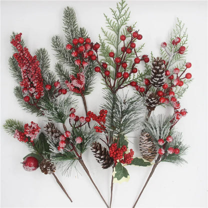Artificial Christmas Red Berry Branch Artificial Pine Tree Branches Snowflake Pine Needle Pine Cone Branches Xmas DIY Wreath