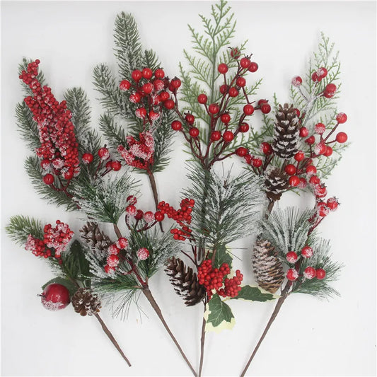 Artificial Christmas Red Berry Branch Artificial Pine Tree Branches Snowflake Pine Needle Pine Cone Branches Xmas DIY Wreath