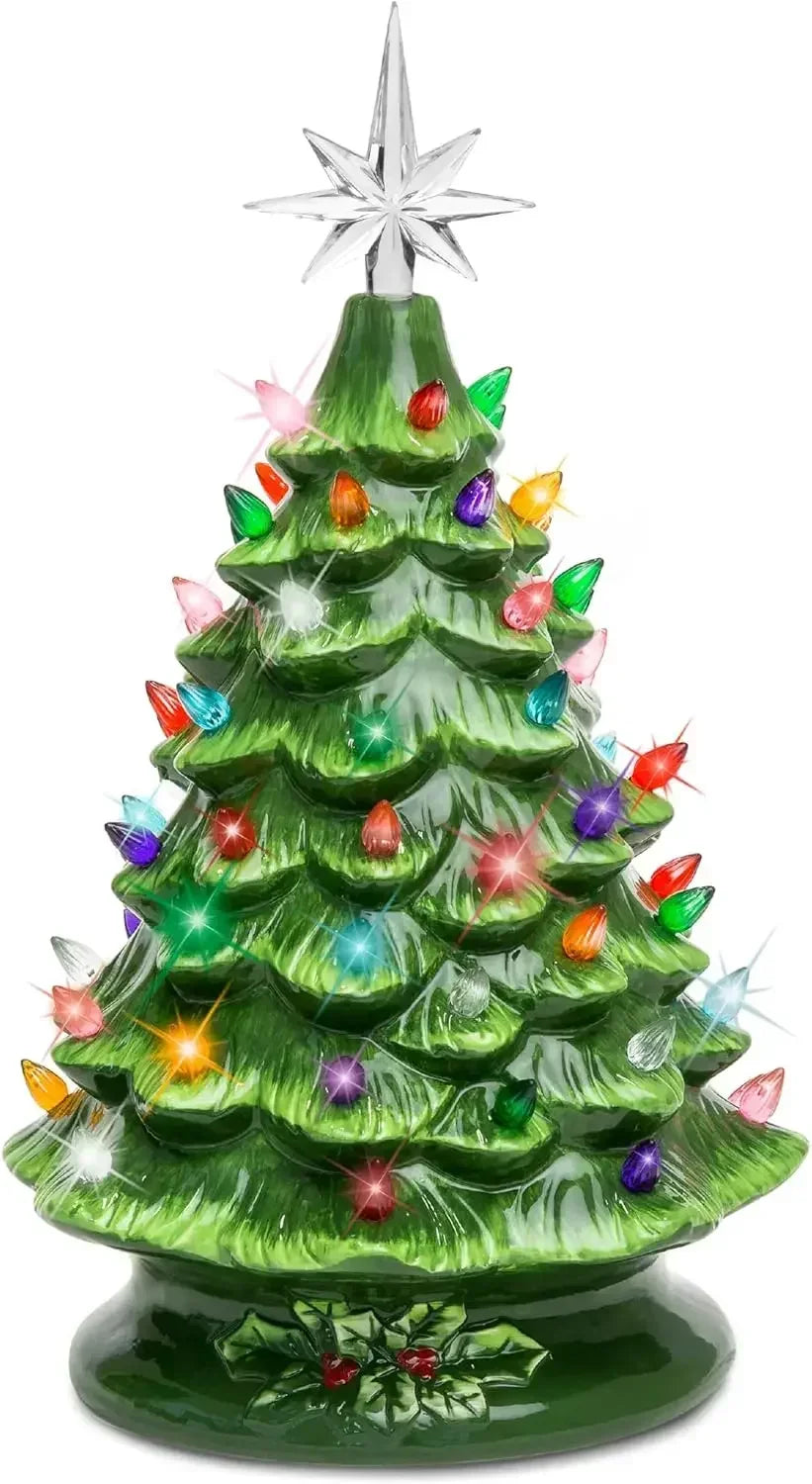 Christmas Tree 15in Ceramic  Pre-lit Hand-Painted Tabletop Holiday Tree, 2 Star Toppers, 64 Lights - Flocked Christmas Trees