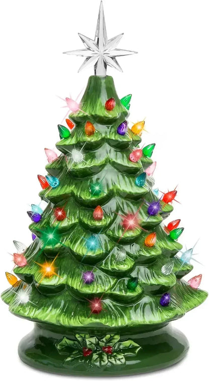 Christmas Tree 15in Ceramic  Pre-lit Hand-Painted Tabletop Holiday Tree, 2 Star Toppers, 64 Lights - Flocked Christmas Trees
