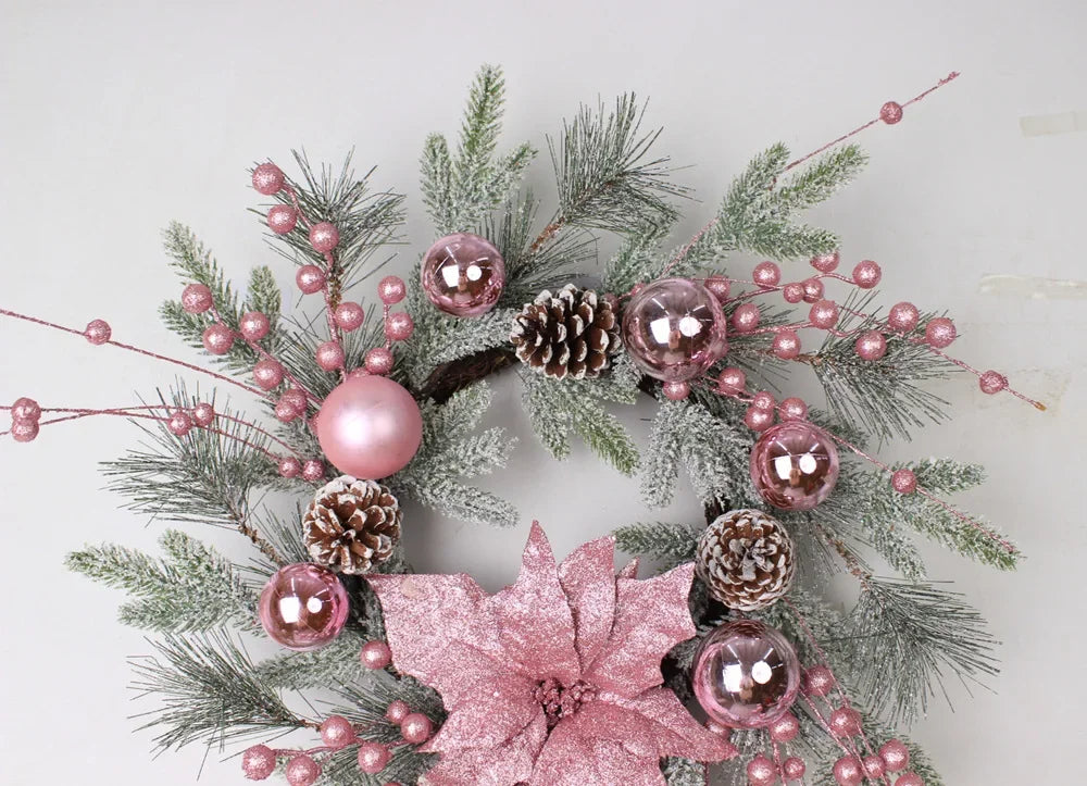 New Christmas Pink Wreath with Balls Artificial Plant Rattan Garland Christmas Rattan Hanging Ornament for New Year Home Decor