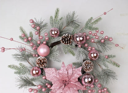 New Christmas Pink Wreath with Balls Artificial Plant Rattan Garland Christmas Rattan Hanging Ornament for New Year Home Decor