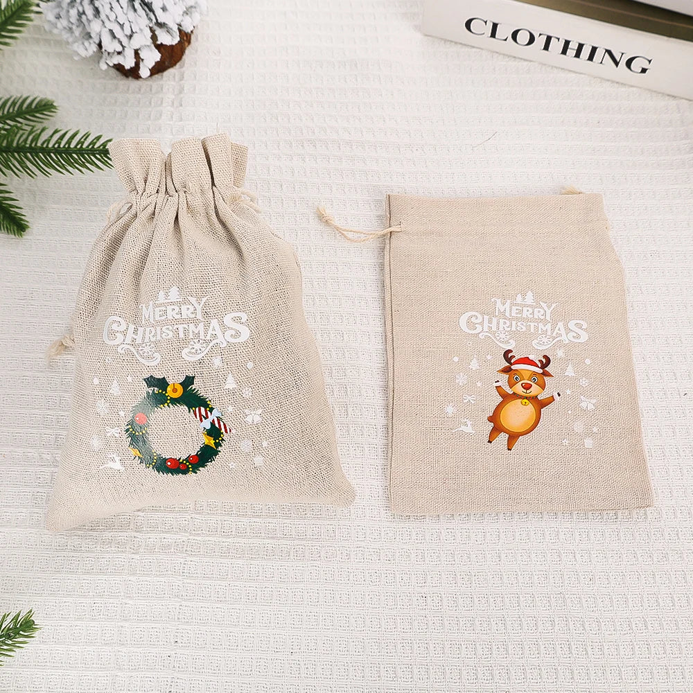 30/1Pcs Christmas Drawstring Bag Santa Claus Snowman Linen Candy Gift Packaging Bags Xmas Favor Bracelet Jewelry Storage Pouch