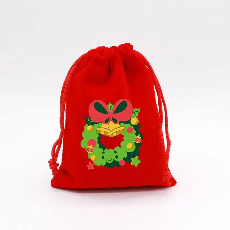1pc Drawstring Christmas Velvet Bags Red Gift Packaging Bag Candy Biscuit Pouch Merry Xmas Bracelet Jewelry DIY Storage Supplies