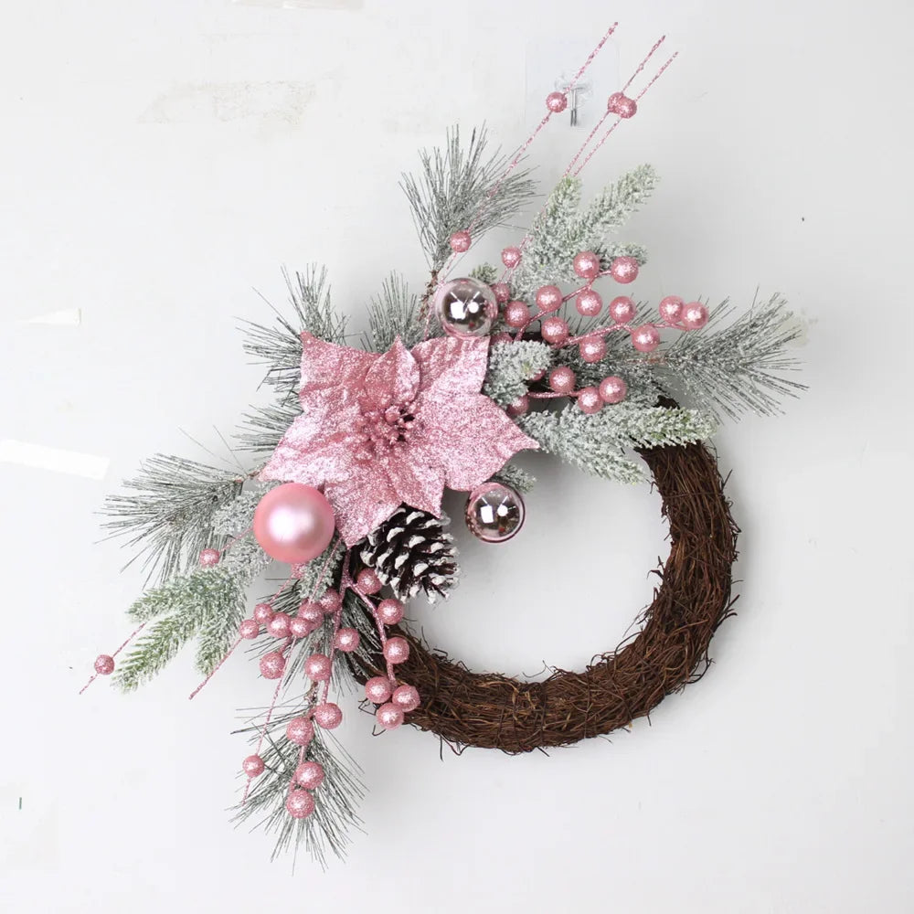 New Christmas Pink Wreath with Balls Artificial Plant Rattan Garland Christmas Rattan Hanging Ornament for New Year Home Decor