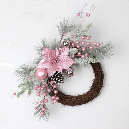 New Christmas Pink Wreath with Balls Artificial Plant Rattan Garland Christmas Rattan Hanging Ornament for New Year Home Decor