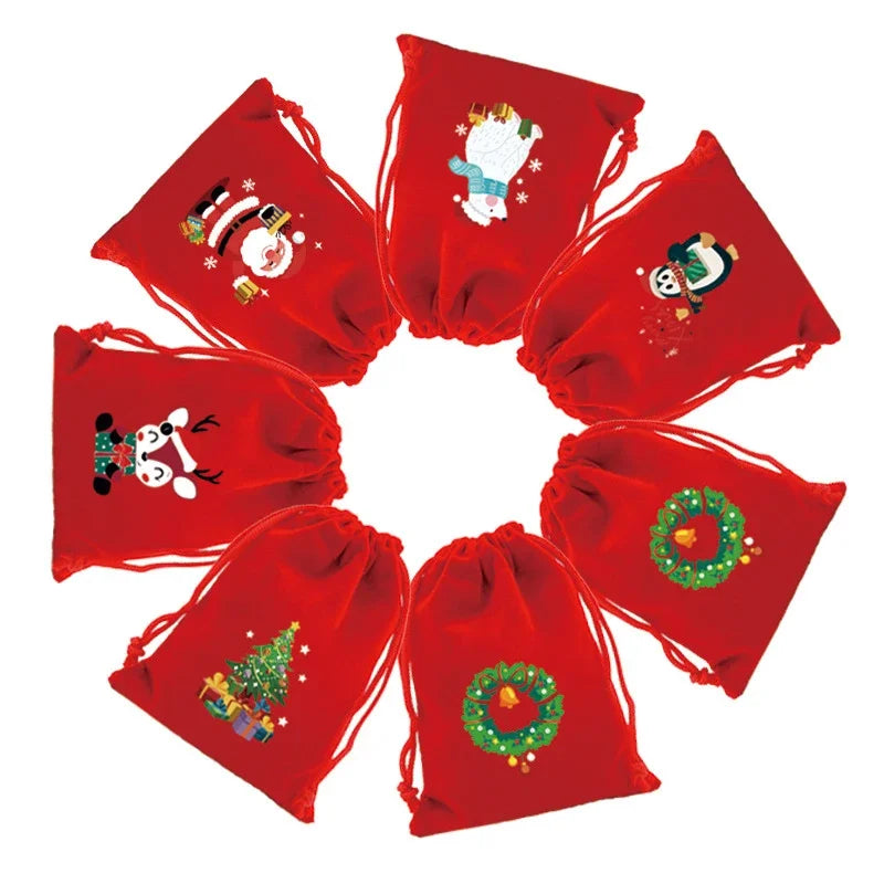 1pc Drawstring Christmas Velvet Bags Red Gift Packaging Bag Candy Biscuit Pouch Merry Xmas Bracelet Jewelry DIY Storage Supplies