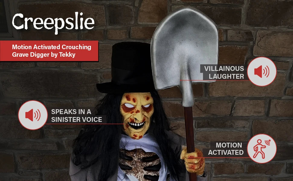 Activated Crouching Grave Digger , Talking Halloween Animatronic for Indoor or Covered Outdoor