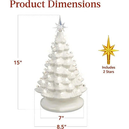 Christmas Tree 15in Ceramic  Pre-lit Hand-Painted Tabletop Holiday Tree, 2 Star Toppers, 64 Lights - Flocked Christmas Trees