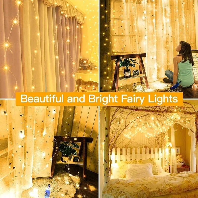 3/6M LED Curtain Garland Fairy String Lights Christmas Holiday Party Wedding Decoration USB Remote 8 Modes Waterfall Lighting