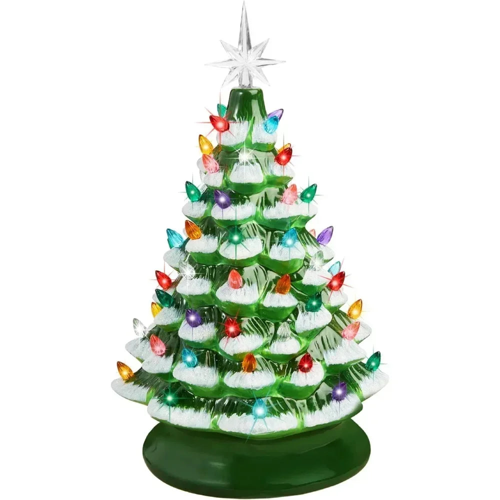 Christmas Tree 15in Ceramic  Pre-lit Hand-Painted Tabletop Holiday Tree, 2 Star Toppers, 64 Lights - Flocked Christmas Trees