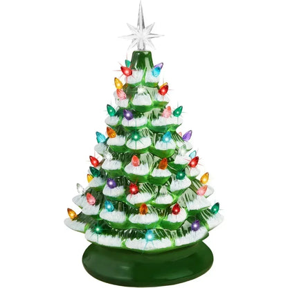 Christmas Tree 15in Ceramic  Pre-lit Hand-Painted Tabletop Holiday Tree, 2 Star Toppers, 64 Lights - Flocked Christmas Trees