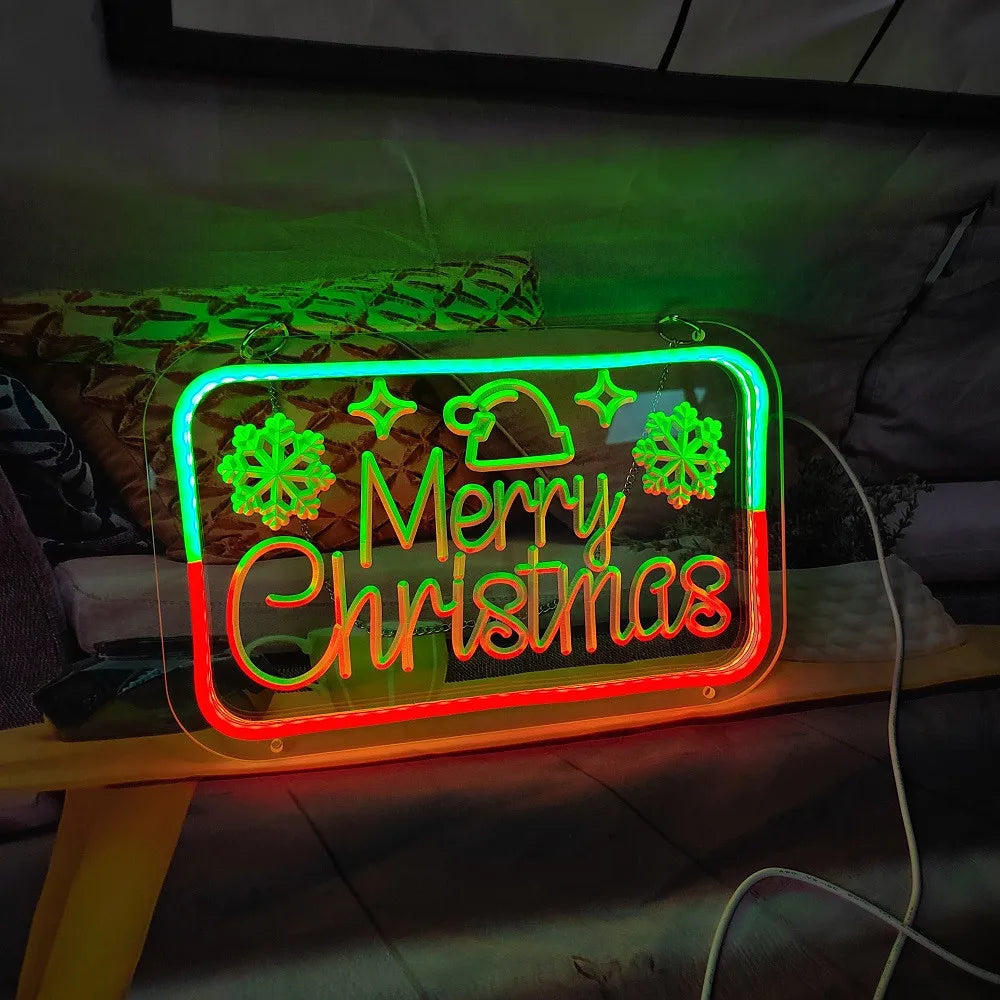 Merry christmas neon ambiance decoration holiday event neon sign, santa claus christmas tree snowman modeling luminous lights