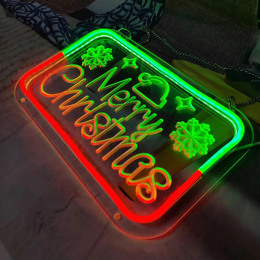 Merry christmas neon ambiance decoration holiday event neon sign, santa claus christmas tree snowman modeling luminous lights
