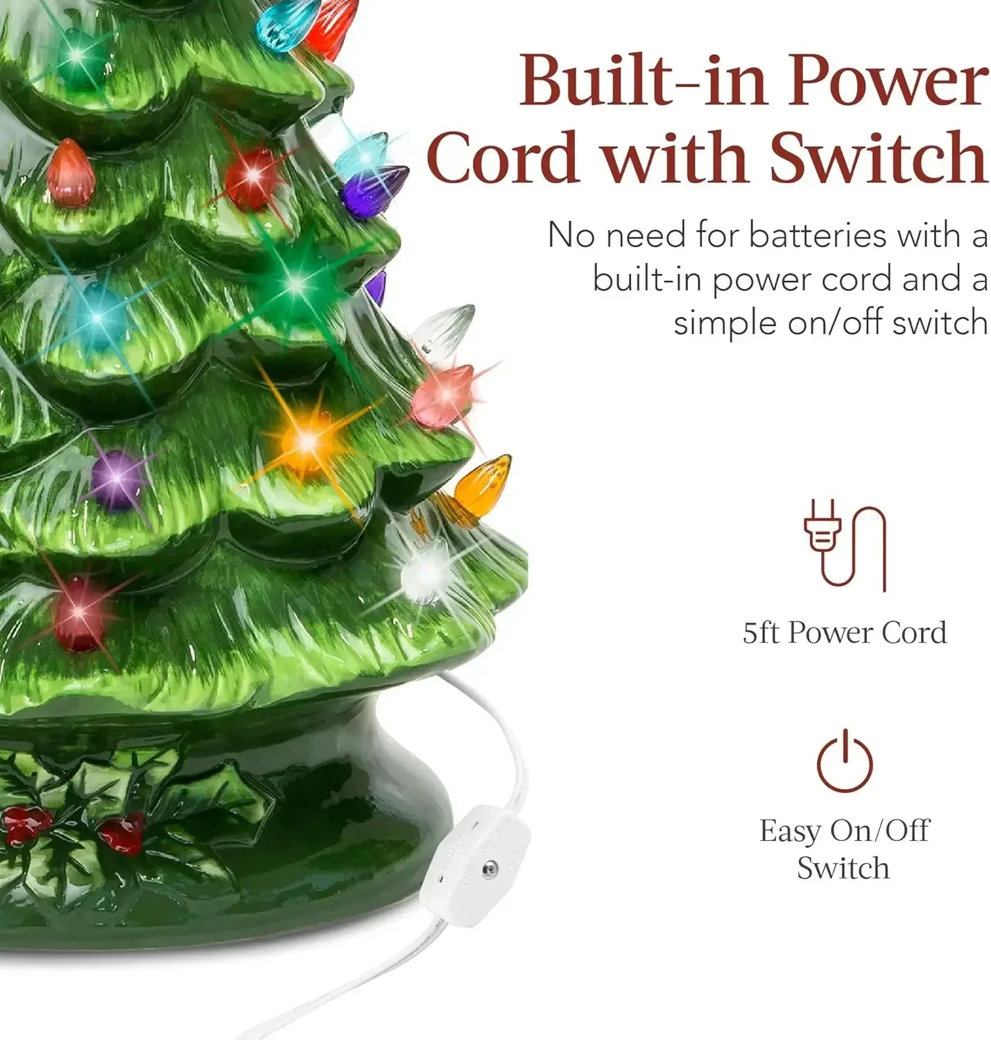 Christmas Tree 15in Ceramic  Pre-lit Hand-Painted Tabletop Holiday Tree, 2 Star Toppers, 64 Lights - Flocked Christmas Trees