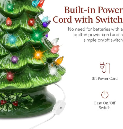 Christmas Tree 15in Ceramic  Pre-lit Hand-Painted Tabletop Holiday Tree, 2 Star Toppers, 64 Lights - Flocked Christmas Trees