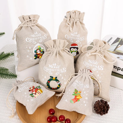 30/1Pcs Christmas Drawstring Bag Santa Claus Snowman Linen Candy Gift Packaging Bags Xmas Favor Bracelet Jewelry Storage Pouch