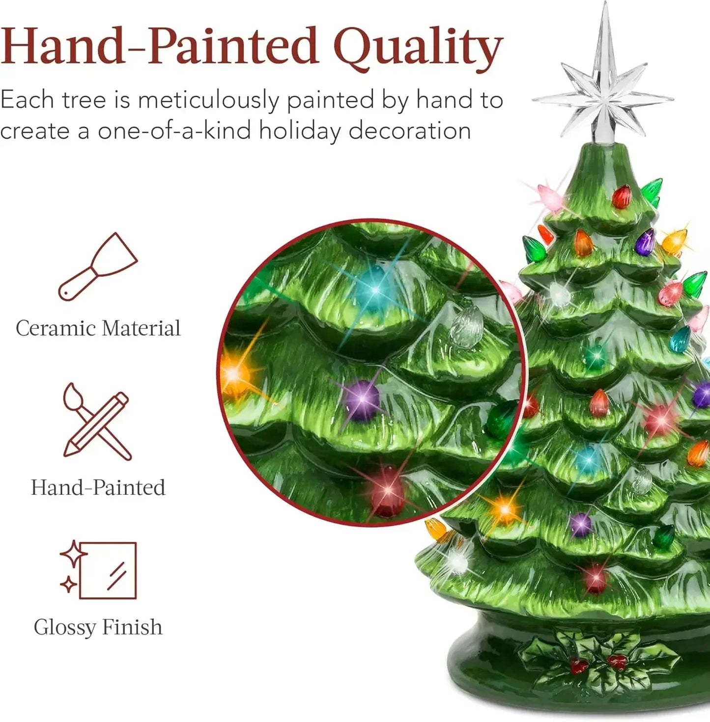Christmas Tree 15in Ceramic  Pre-lit Hand-Painted Tabletop Holiday Tree, 2 Star Toppers, 64 Lights - Flocked Christmas Trees
