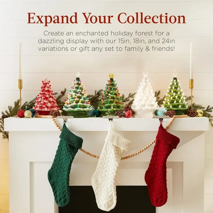 Christmas Tree 15in Ceramic  Pre-lit Hand-Painted Tabletop Holiday Tree, 2 Star Toppers, 64 Lights - Flocked Christmas Trees
