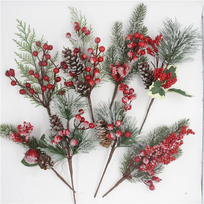 Artificial Christmas Red Berry Branch Artificial Pine Tree Branches Snowflake Pine Needle Pine Cone Branches Xmas DIY Wreath