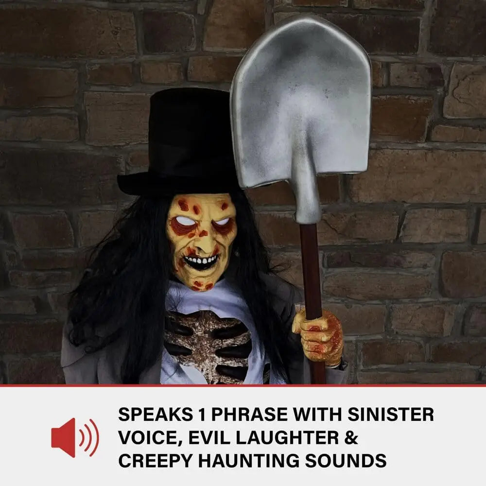 Activated Crouching Grave Digger , Talking Halloween Animatronic for Indoor or Covered Outdoor