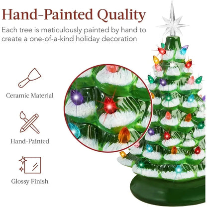 Christmas Tree 15in Ceramic  Pre-lit Hand-Painted Tabletop Holiday Tree, 2 Star Toppers, 64 Lights - Flocked Christmas Trees
