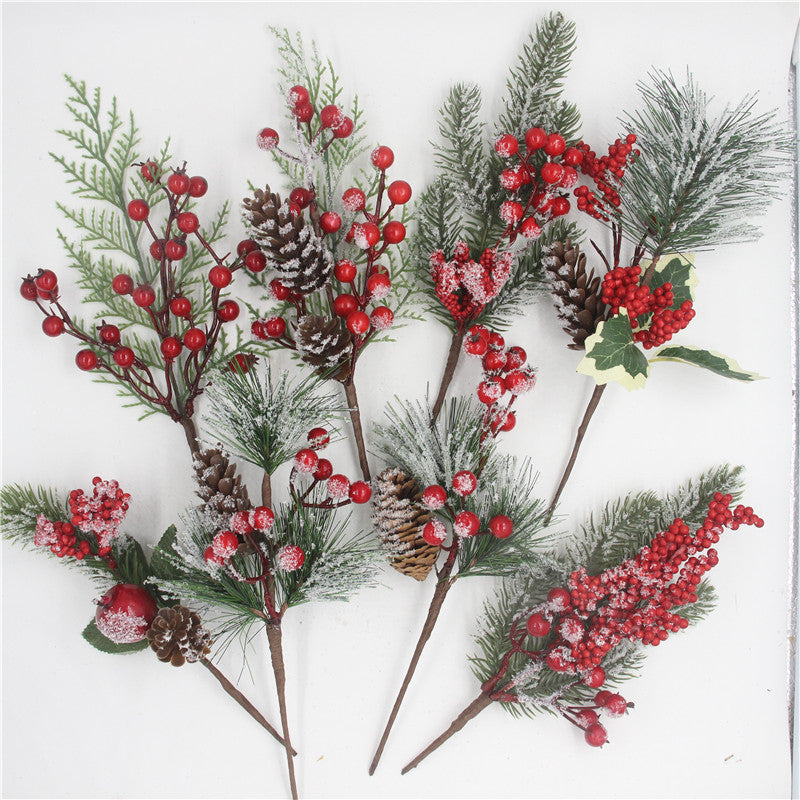 Artificial Christmas Red Berry Branch Artificial Pine Tree Branches Snowflake Pine Needle Pine Cone Branches Xmas DIY Wreath