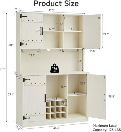 71"" Farmhouse Kitchen Cabinet Pantry Bar Cabinet With Storage And Adjustable Shelves, Wine Cabinet With 12 Wine Racks,