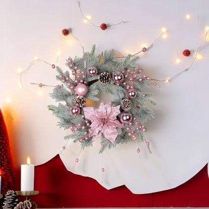 New Christmas Pink Wreath with Balls Artificial Plant Rattan Garland Christmas Rattan Hanging Ornament for New Year Home Decor