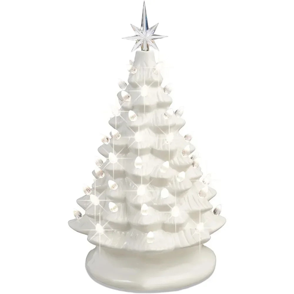 Christmas Tree 15in Ceramic  Pre-lit Hand-Painted Tabletop Holiday Tree, 2 Star Toppers, 64 Lights - Flocked Christmas Trees