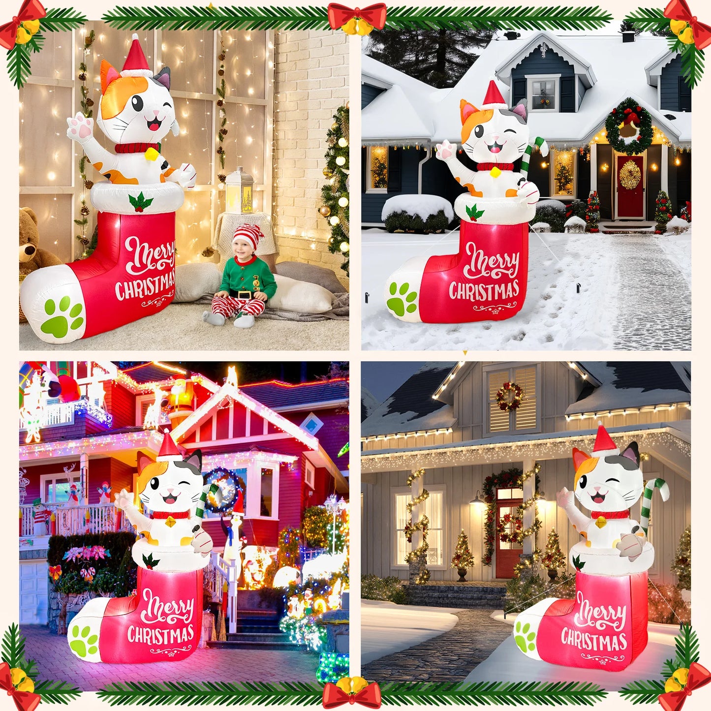 OurWarm 6FT Christmas Inflatables Outdoor Decorations, Christmas Blow Ups Dog in Xmas Stocking with Build-in LEDs and Candy