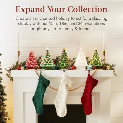 Christmas Tree 15in Ceramic  Pre-lit Hand-Painted Tabletop Holiday Tree, 2 Star Toppers, 64 Lights - Flocked Christmas Trees