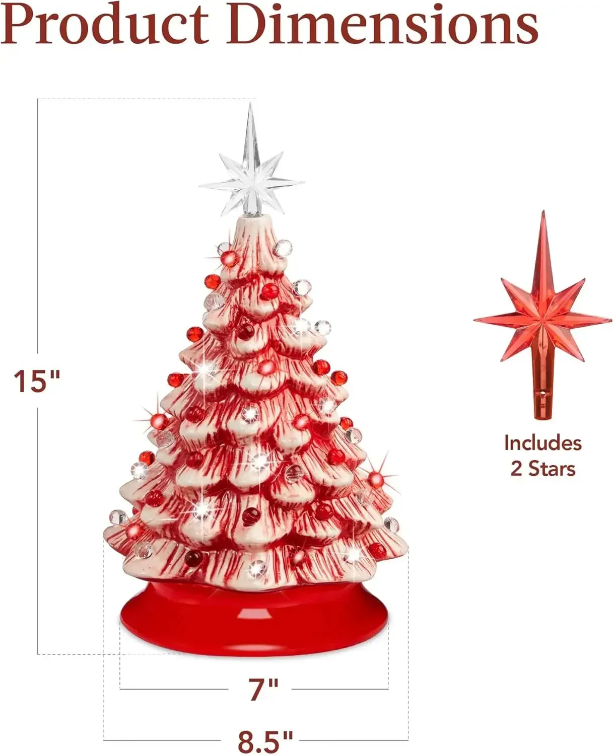 Christmas Tree 15in Ceramic  Pre-lit Hand-Painted Tabletop Holiday Tree, 2 Star Toppers, 64 Lights - Flocked Christmas Trees