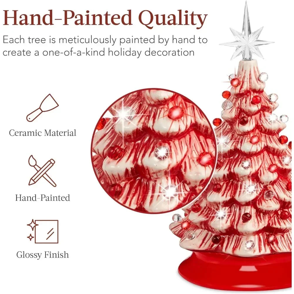 Christmas Tree 15in Ceramic  Pre-lit Hand-Painted Tabletop Holiday Tree, 2 Star Toppers, 64 Lights - Flocked Christmas Trees