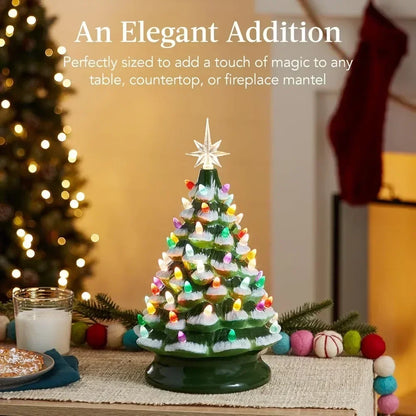 Christmas Tree 15in Ceramic  Pre-lit Hand-Painted Tabletop Holiday Tree, 2 Star Toppers, 64 Lights - Flocked Christmas Trees