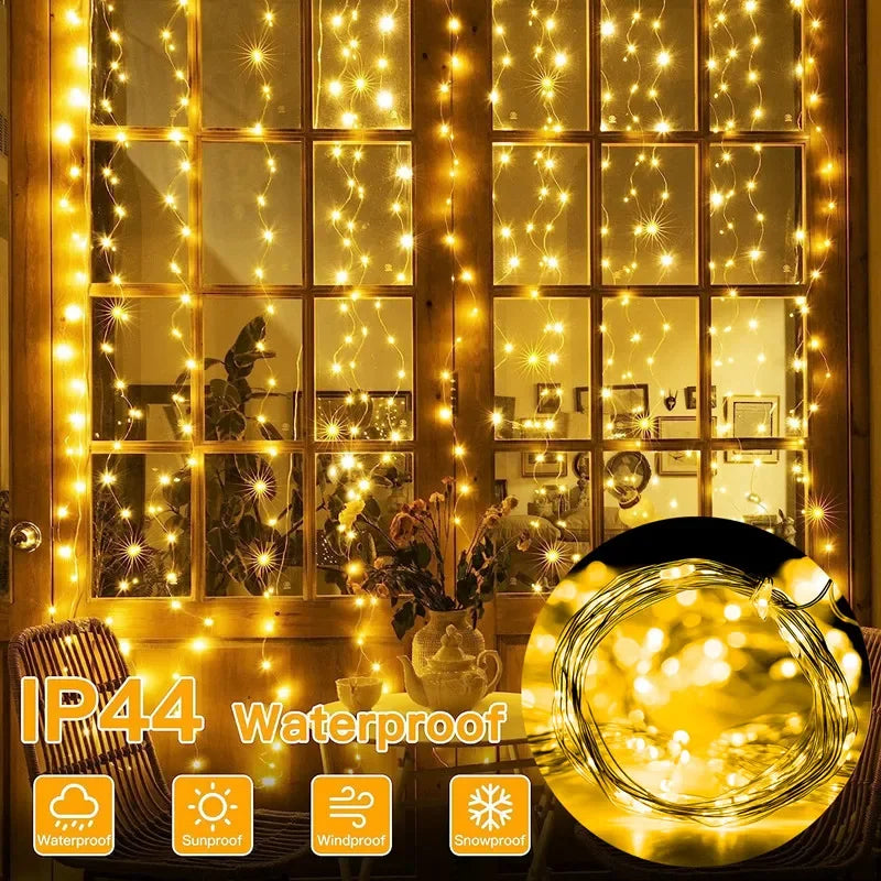 3/6M LED Curtain Garland Fairy String Lights Christmas Holiday Party Wedding Decoration USB Remote 8 Modes Waterfall Lighting