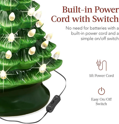 Christmas Tree 15in Ceramic  Pre-lit Hand-Painted Tabletop Holiday Tree, 2 Star Toppers, 64 Lights - Flocked Christmas Trees