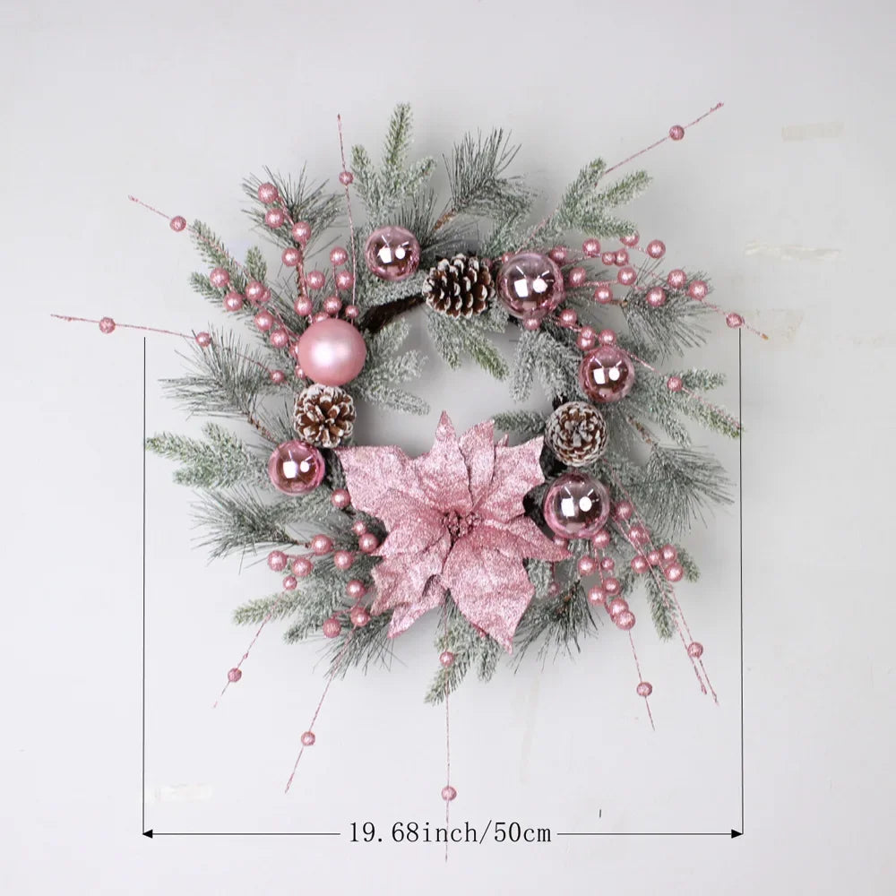 New Christmas Pink Wreath with Balls Artificial Plant Rattan Garland Christmas Rattan Hanging Ornament for New Year Home Decor