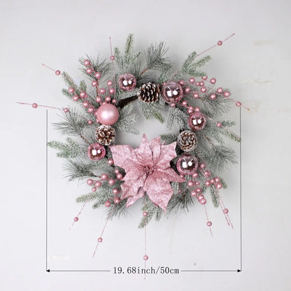 New Christmas Pink Wreath with Balls Artificial Plant Rattan Garland Christmas Rattan Hanging Ornament for New Year Home Decor