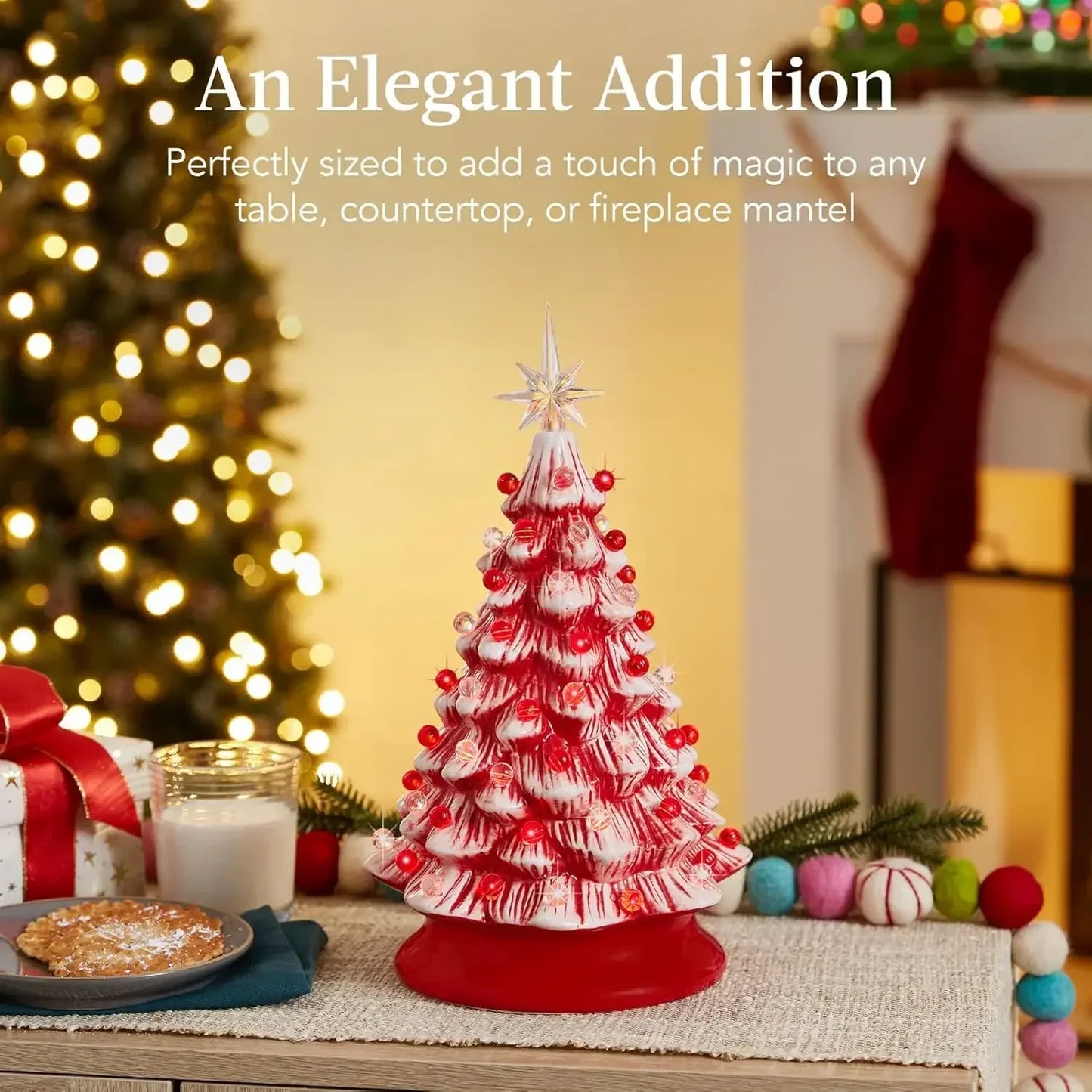 Christmas Tree 15in Ceramic  Pre-lit Hand-Painted Tabletop Holiday Tree, 2 Star Toppers, 64 Lights - Flocked Christmas Trees