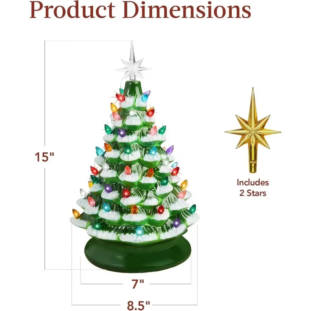 Christmas Tree 15in Ceramic  Pre-lit Hand-Painted Tabletop Holiday Tree, 2 Star Toppers, 64 Lights - Flocked Christmas Trees